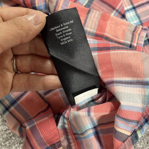 Barbour Shirt Mens Small Peach Pink Plaid Easter Spring Cotton Button Down Dress - Picture 7 of 13